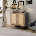 Acekool Rattan Storage Cabinet, 2-Door Sideboard with Metal Base, Modern Boho Accent Cabinet for Living Room, Entryway, Bathroom, Black