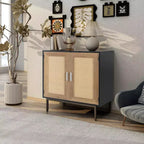 Acekool Rattan Storage Cabinet, 2-Door Sideboard with Metal Base, Modern Boho Accent Cabinet for Living Room, Entryway, Bathroom, Black