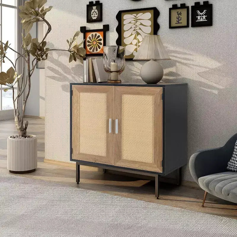Acekool Rattan Storage Cabinet, 2-Door Sideboard with Metal Base, Modern Boho Accent Cabinet for Living Room, Entryway, Bathroom, Black