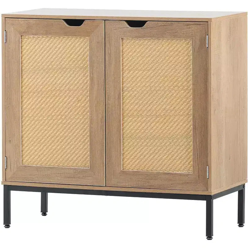 Acekool Mobile Contenitore in Rattan, Madia a 2 Ante con Base in Metallo, Credenza Accent Boho Moderna per Soggiorno, Ingresso, Bagno, Nero