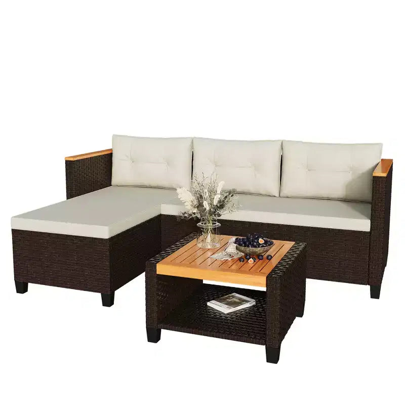Set di mobili da giardino Heynemo a 4 posti, set da esterno componibile in rattan PE resistente alle intemperie con tavolo contenitore, divano a L da esterno con cuscini
