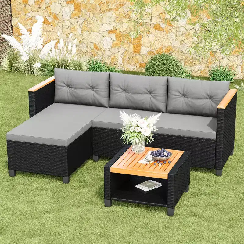 Set di mobili da giardino Heynemo a 4 posti, set da esterno componibile in rattan PE resistente alle intemperie con tavolo contenitore, divano a L da esterno con cuscini