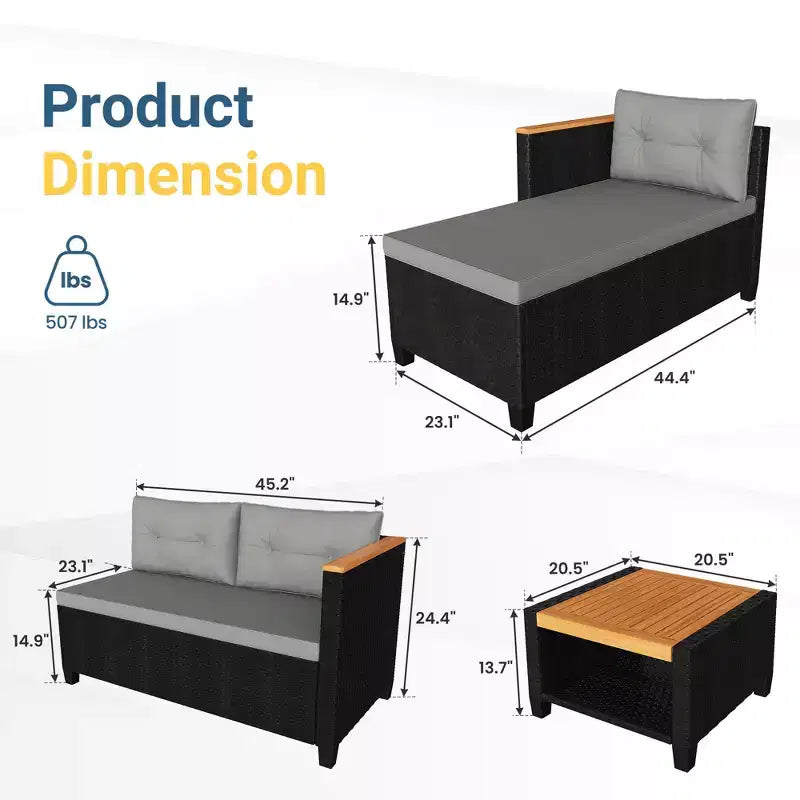Set di mobili da giardino Heynemo a 4 posti, set da esterno componibile in rattan PE resistente alle intemperie con tavolo contenitore, divano a L da esterno con cuscini