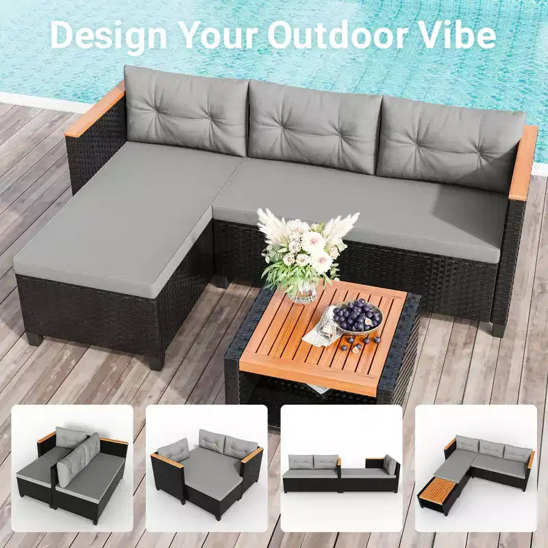 Set di mobili da giardino Heynemo a 4 posti, set da esterno componibile in rattan PE resistente alle intemperie con tavolo contenitore, divano a L da esterno con cuscini