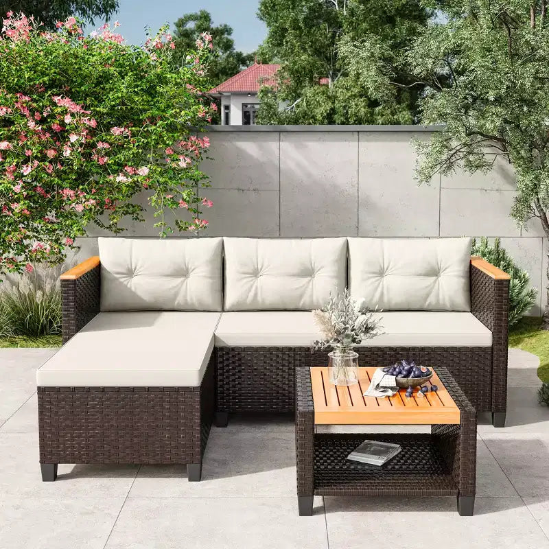 Set di mobili da giardino Heynemo a 4 posti, set da esterno componibile in rattan PE resistente alle intemperie con tavolo contenitore, divano a L da esterno con cuscini