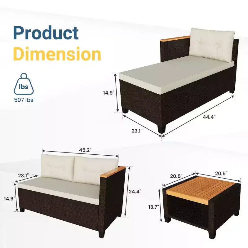 Set di mobili da giardino Heynemo a 4 posti, set da esterno componibile in rattan PE resistente alle intemperie con tavolo contenitore, divano a L da esterno con cuscini