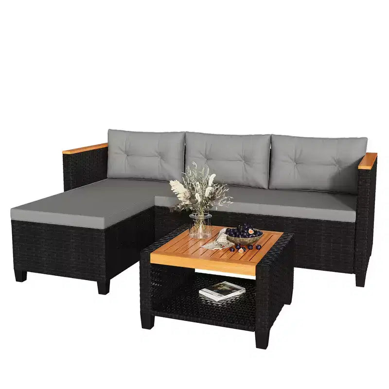 Ensemble de meubles de patio Heynemo 4 places, sectionnel extérieur en rotin PE tout temps avec table de rangement, canapé d'extérieur en forme de L avec coussins