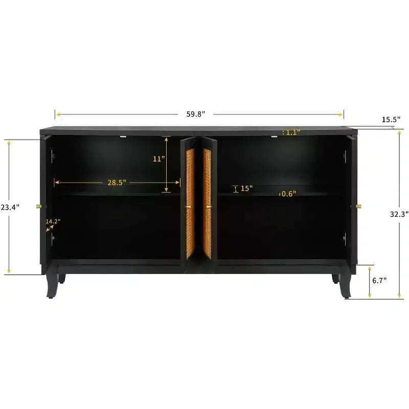 Acekool Credenza a buffet in rattan con 4 ante in rattan, ripiani regolabili, moderno tavolino consolle portaoggetti, blu