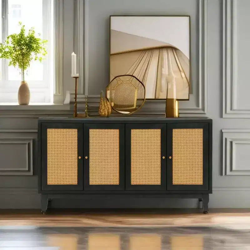 Acekool Credenza a buffet in rattan con 4 ante in rattan, ripiani regolabili, moderno tavolino consolle portaoggetti, blu