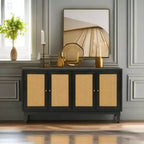 Acekool Credenza a buffet in rattan con 4 ante in rattan, ripiani regolabili, moderno tavolino consolle portaoggetti, blu