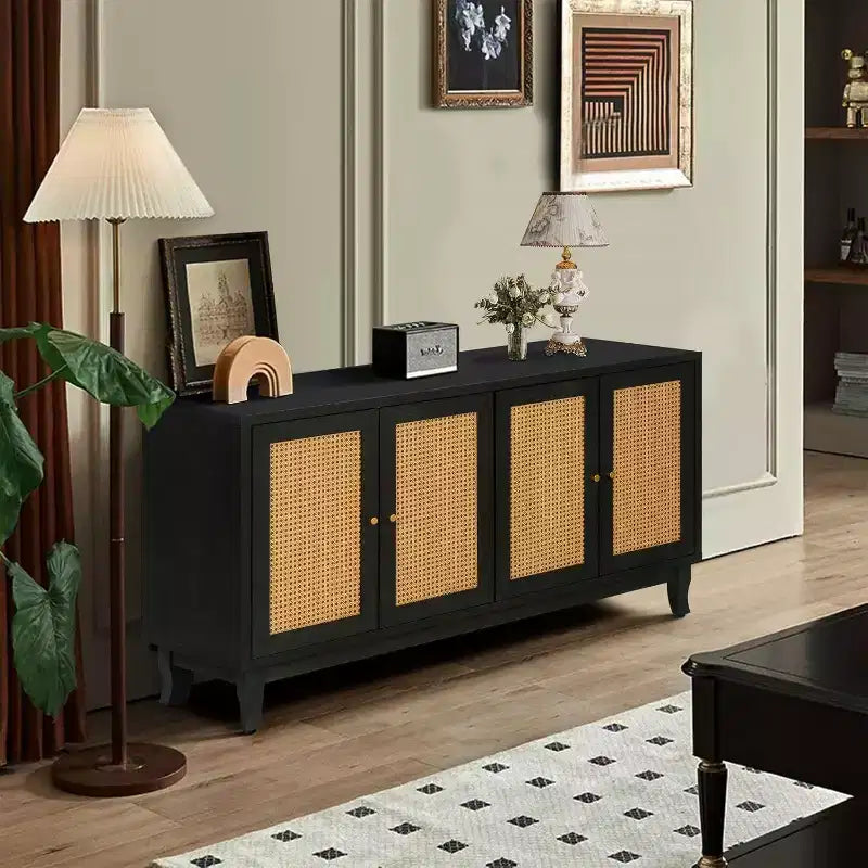 Acekool Credenza a buffet in rattan con 4 ante in rattan, ripiani regolabili, moderno tavolino consolle portaoggetti, blu