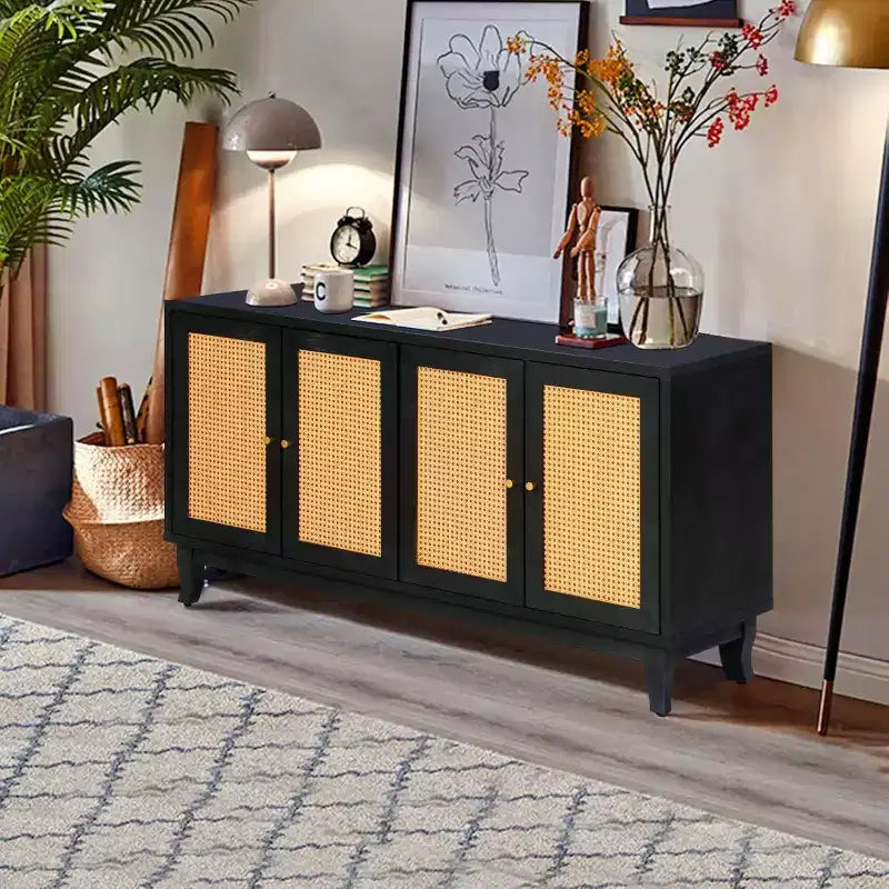 Acekool Credenza a buffet in rattan con 4 ante in rattan, ripiani regolabili, moderno tavolino consolle portaoggetti, blu