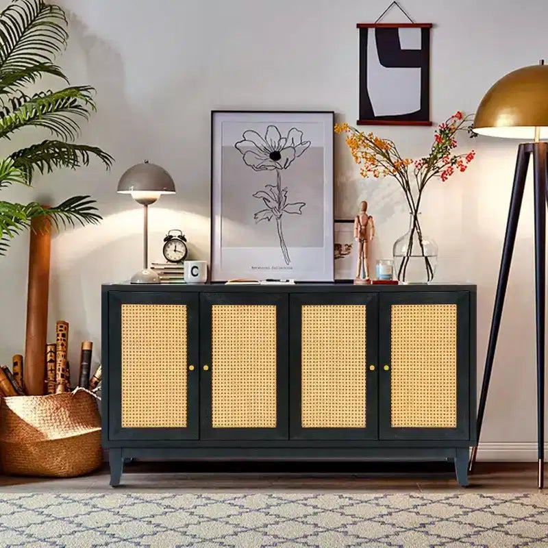 Acekool Credenza a buffet in rattan con 4 ante in rattan, ripiani regolabili, moderno tavolino consolle portaoggetti, blu