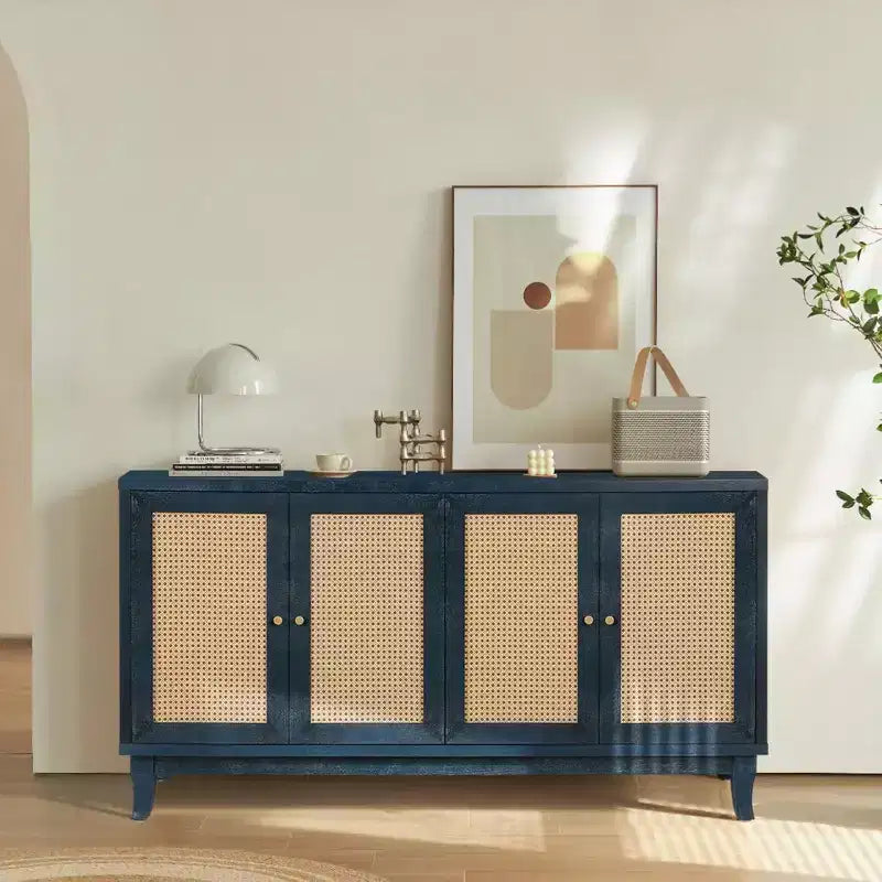 Acekool Credenza a buffet in rattan con 4 ante in rattan, ripiani regolabili, moderno tavolino consolle portaoggetti, blu