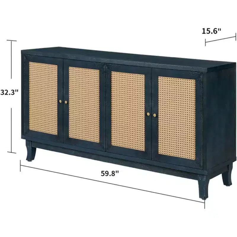 Acekool Credenza a buffet in rattan con 4 ante in rattan, ripiani regolabili, moderno tavolino consolle portaoggetti, blu