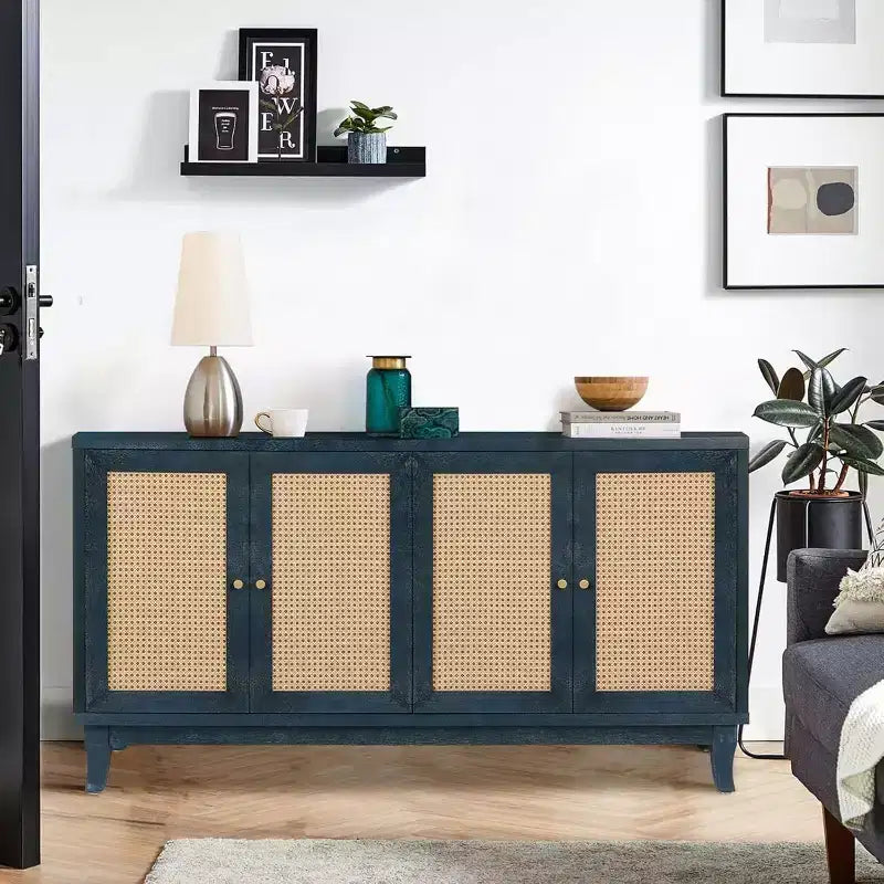 Acekool Credenza a buffet in rattan con 4 ante in rattan, ripiani regolabili, moderno tavolino consolle portaoggetti, blu