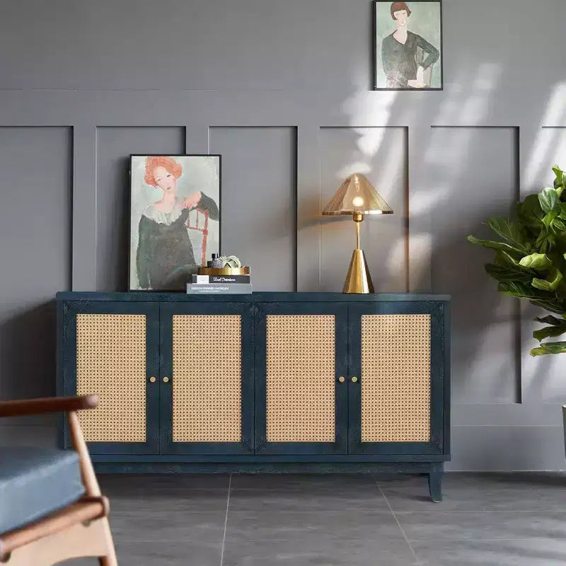 Acekool Credenza a buffet in rattan con 4 ante in rattan, ripiani regolabili, moderno tavolino consolle portaoggetti, blu