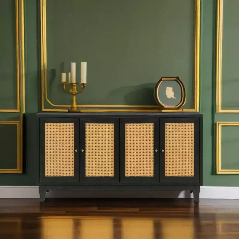 Acekool Credenza a buffet in rattan con 4 ante in rattan, ripiani regolabili, moderno tavolino consolle portaoggetti, blu