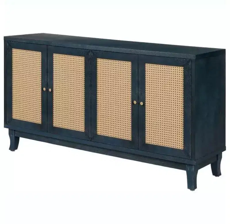 Acekool Rattan Sideboard Buffet Cabinet with 4 Rattan Doors, Adjustable Shelves, Modern Storage Console Table, Blue