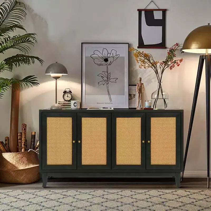 Acekool Credenza a buffet in rattan con 4 ante in rattan, ripiani regolabili, moderno tavolino consolle portaoggetti, blu