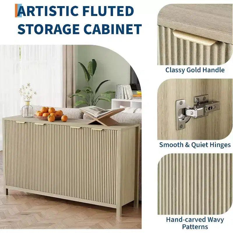 Bahut Acekool cannelé, Armoire de rangement moderne à 4 portes avec étagères réglables pour cuisine, salle à manger, salon ou entrée