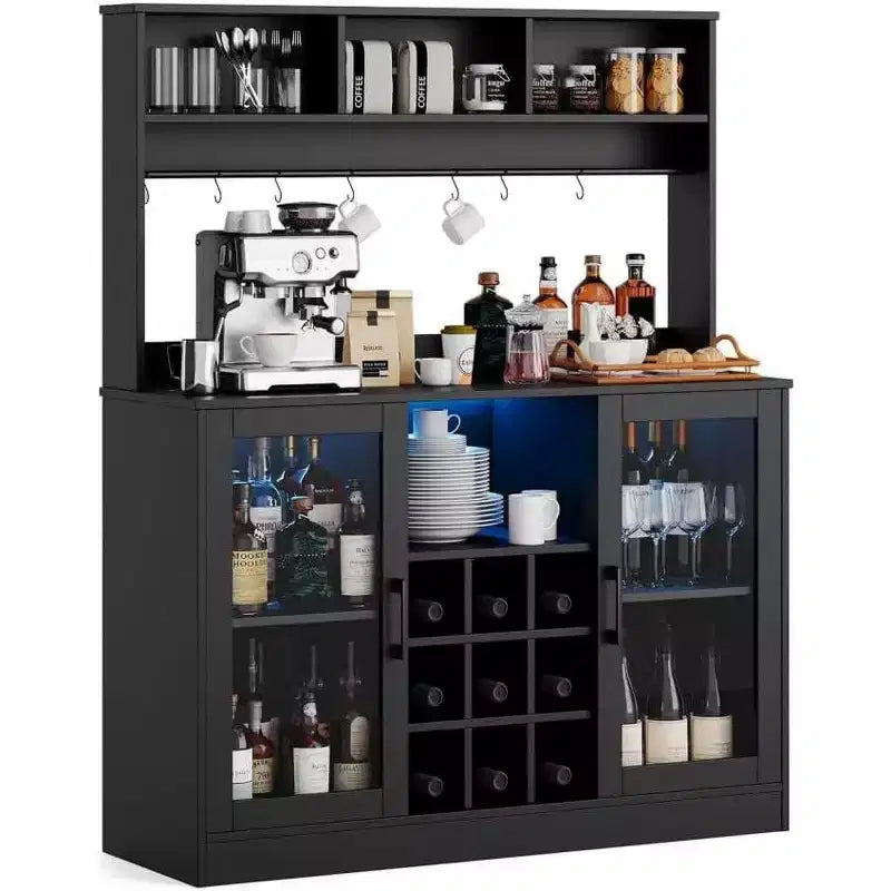 Acekool Coffee Bar Cabinet with Power Outlet, Adjustable Shelves, Hooks, Sideboard Storage for Kitchen Dining, Black