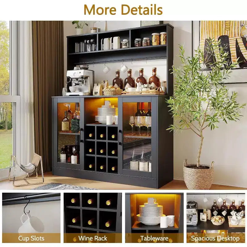 Mobile buffet bar Acekool con presa di corrente, ripiani regolabili, ganci, credenza contenitore per cucina sala da pranzo, nero