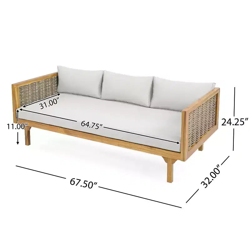 Set da 2 mobili da giardino con divano a 3 posti in rattan grigio lungo 67,5 e tavolo rotondo in legno di acacia da 31,5