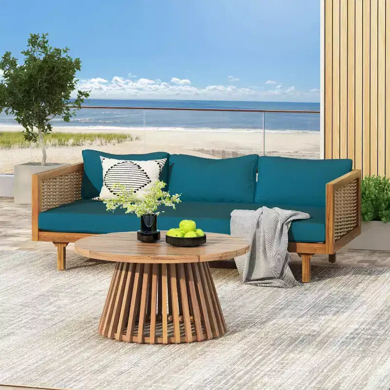 Set da 2 mobili da giardino con divano a 3 posti in rattan grigio lungo 67,5 e tavolo rotondo in legno di acacia da 31,5