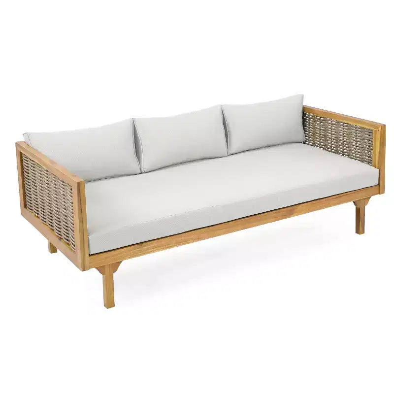 Set da 2 mobili da giardino con divano a 3 posti in rattan grigio lungo 67,5 e tavolo rotondo in legno di acacia da 31,5