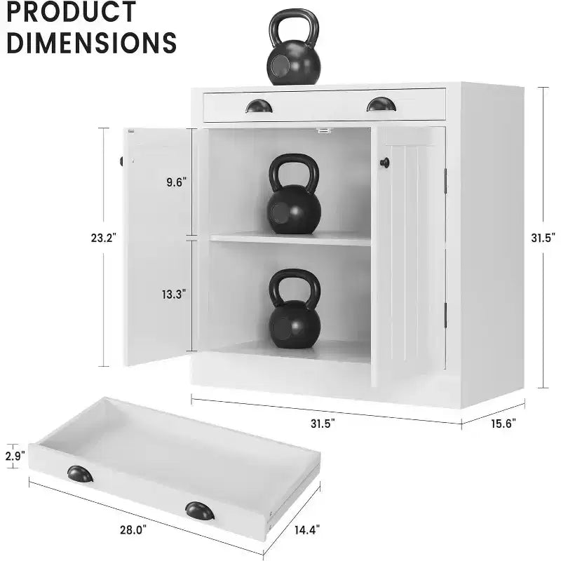 31,5 Mobile credenza buffet moderno bianco con cassetto e ripiano regolabile, mobiletto da caffè in legno, stile rustico per cucina