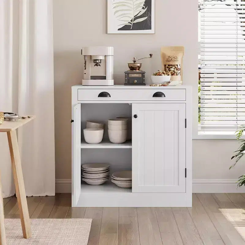 31,5 Mobile credenza buffet moderno bianco con cassetto e ripiano regolabile, mobiletto da caffè in legno, stile rustico per cucina