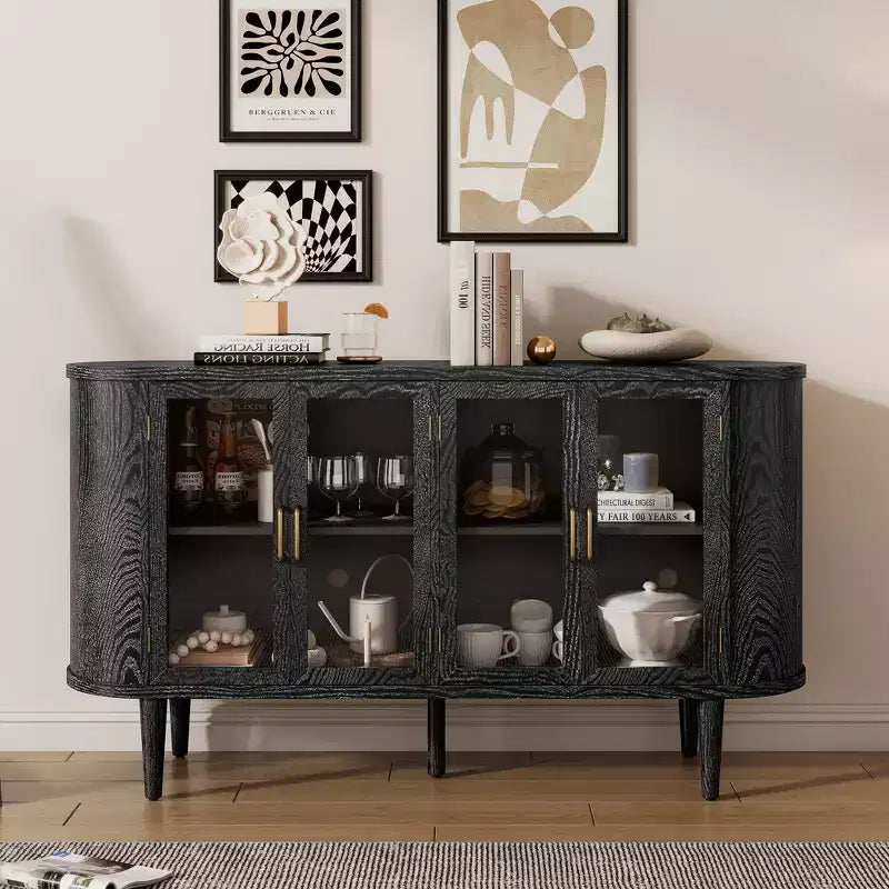 MAYEERTY Buffet en bois avec portes vitrées et étagères réglables pour salon et cuisine Noir