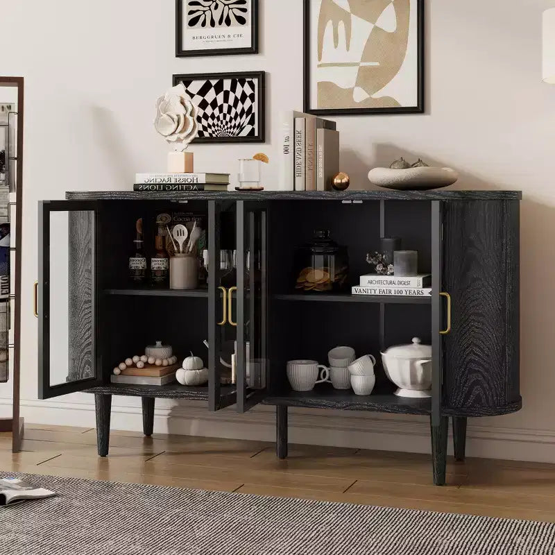 MAYEERTY Buffet en bois avec portes vitrées et étagères réglables pour salon et cuisine Noir