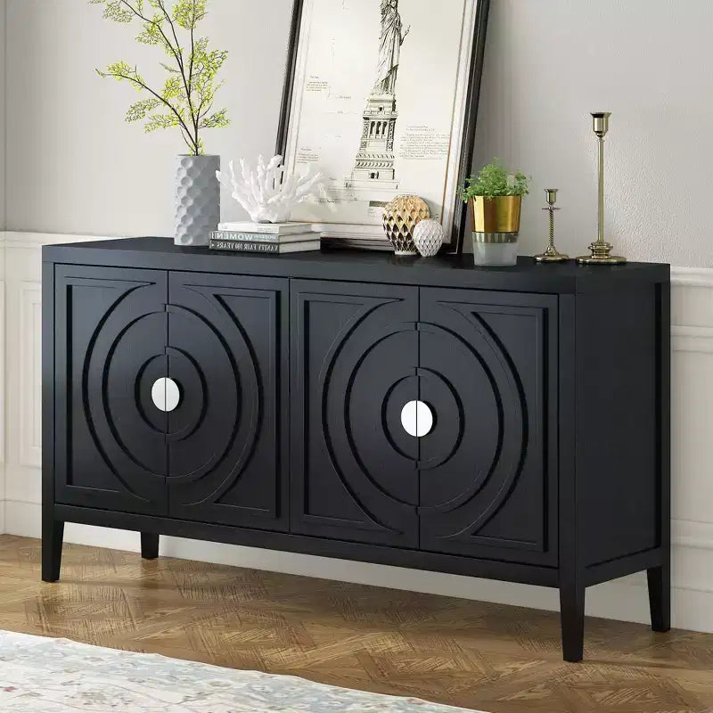 MAYEERTY Credenza Retrò Ante con Scanalature Circolari Maniglia per Porta Rotonda in Metallo per Ingresso Sala da Pranzo Nera