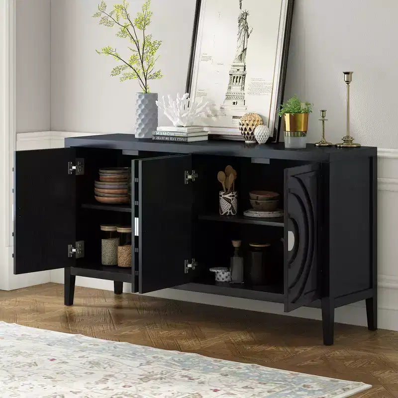 MAYEERTY Credenza Retrò Ante con Scanalature Circolari Maniglia per Porta Rotonda in Metallo per Ingresso Sala da Pranzo Nera