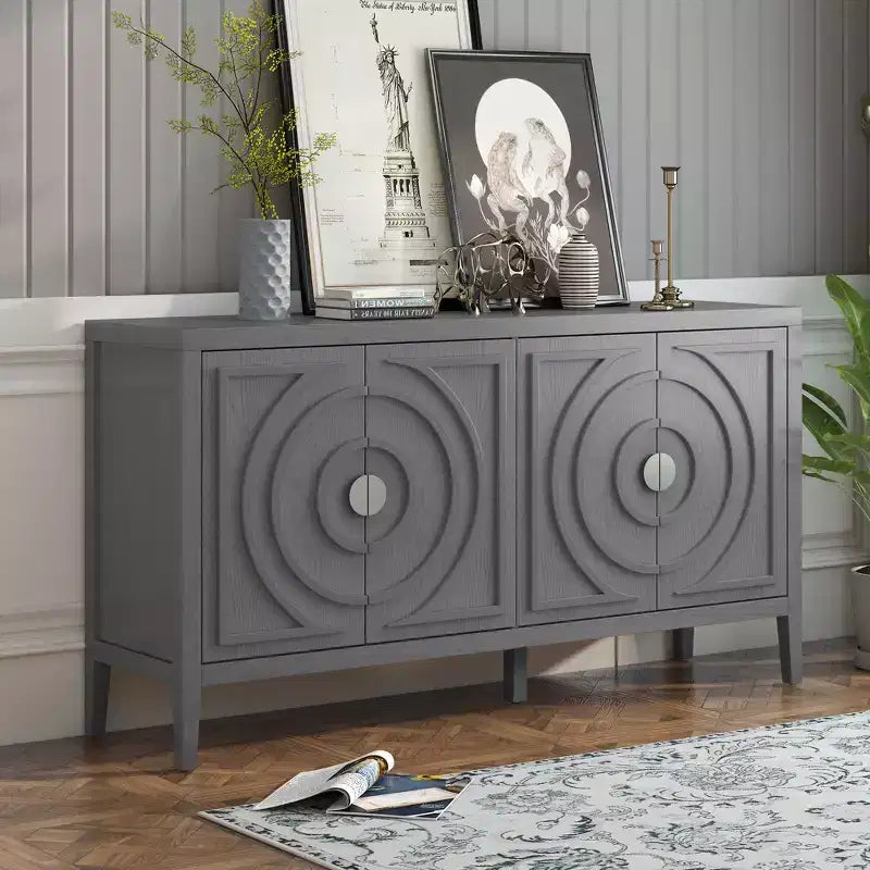 MAYEERTY Meuble d'appoint rétro avec porte à rainures circulaires, poignée de porte ronde en métal pour entrée, salle à manger, gris