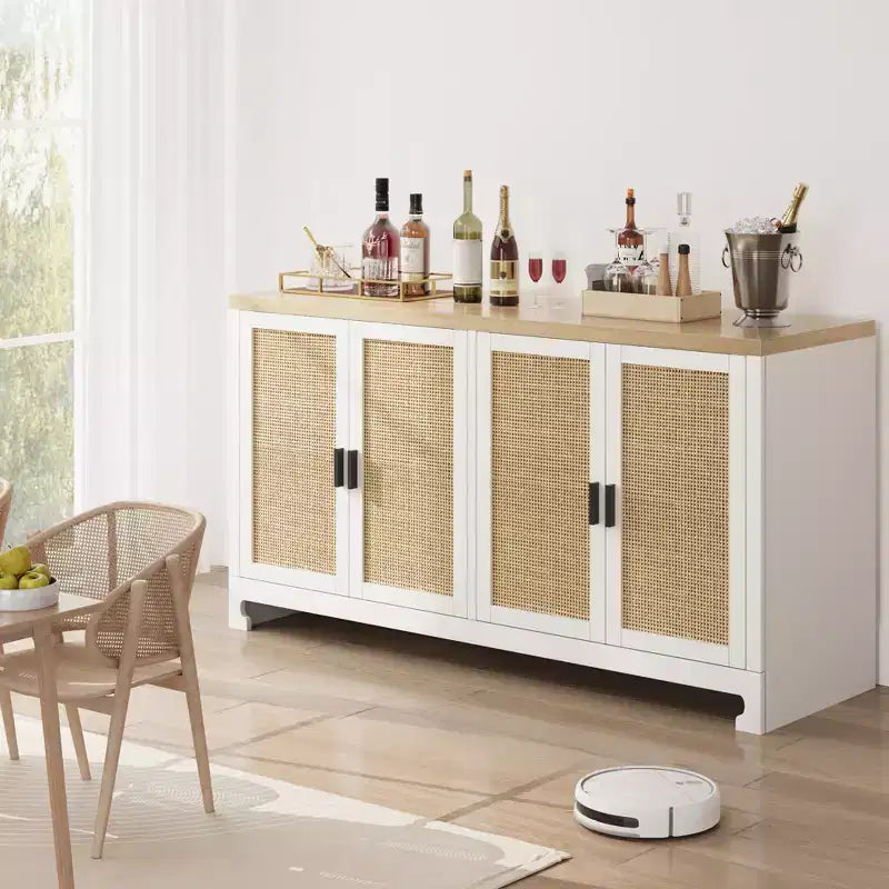 Buffet de rangement de 155 cm, meuble bar à café en rotin, console d'entrée, meuble TV multifonctionnel, meuble de sol pour cuisine