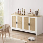 Buffet de rangement de 155 cm, meuble bar à café en rotin, console d'entrée, meuble TV multifonctionnel, meuble de sol pour cuisine