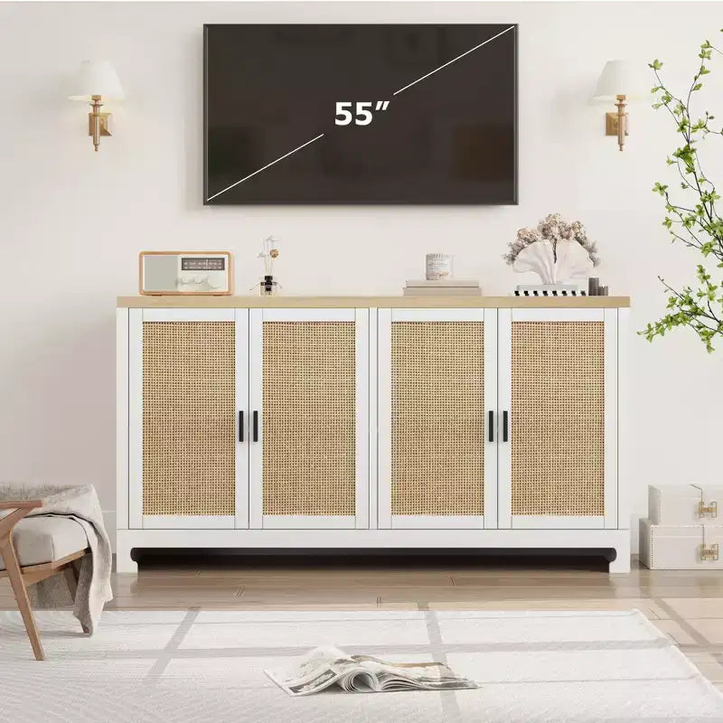 Buffet de rangement de 155 cm, meuble bar à café en rotin, console d'entrée, meuble TV multifonctionnel, meuble de sol pour cuisine