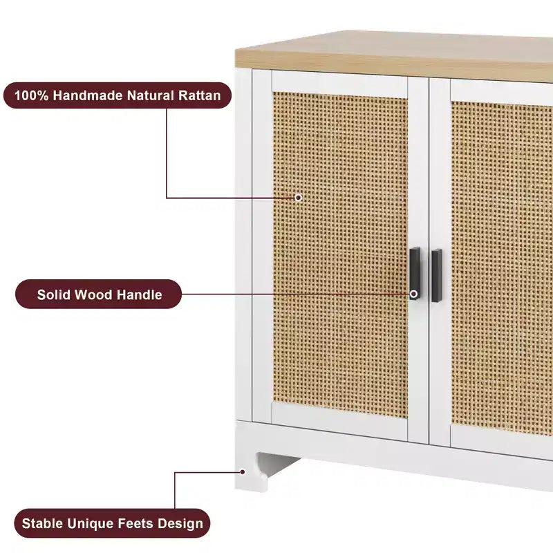 Buffet de rangement de 155 cm, meuble bar à café en rotin, console d'entrée, meuble TV multifonctionnel, meuble de sol pour cuisine