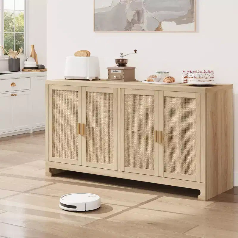 Buffet de rangement de 155 cm, meuble bar à café en rotin, console d'entrée, meuble TV multifonctionnel, meuble de sol pour cuisine