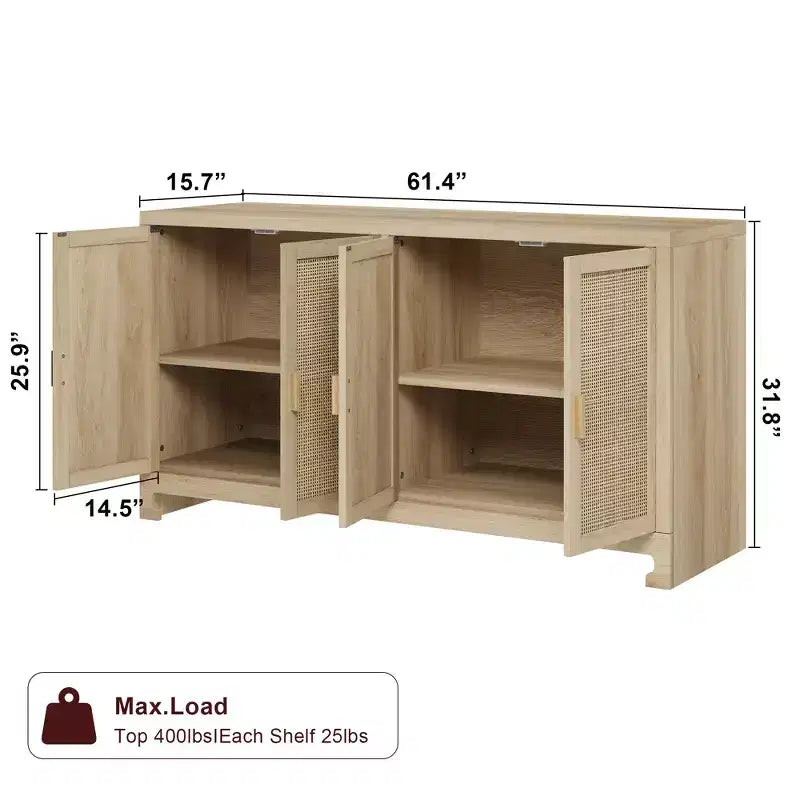 Buffet de rangement de 155 cm, meuble bar à café en rotin, console d'entrée, meuble TV multifonctionnel, meuble de sol pour cuisine