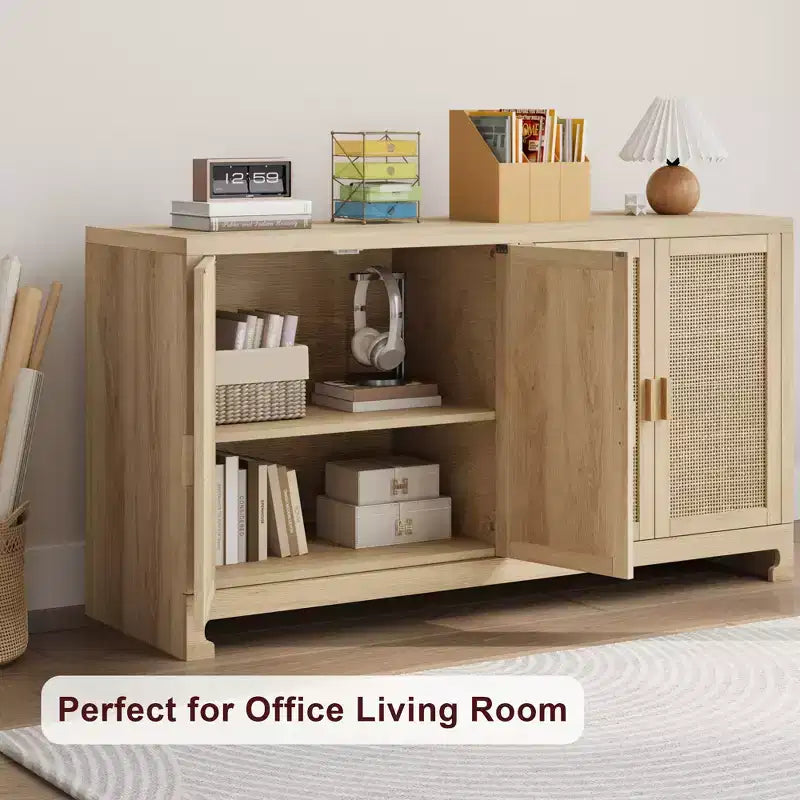 Buffet de rangement de 155 cm, meuble bar à café en rotin, console d'entrée, meuble TV multifonctionnel, meuble de sol pour cuisine