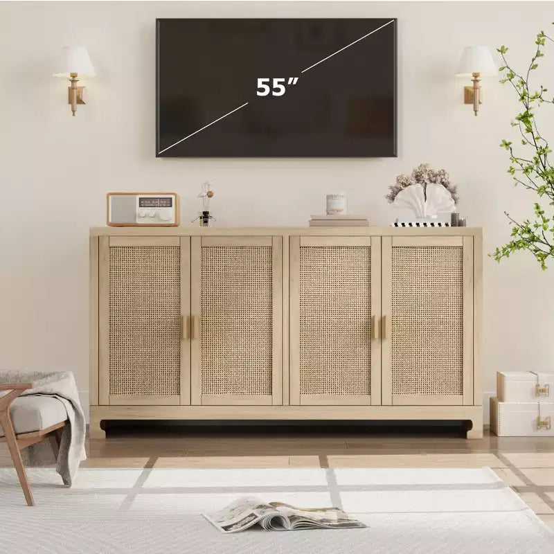 Buffet de rangement de 155 cm, meuble bar à café en rotin, console d'entrée, meuble TV multifonctionnel, meuble de sol pour cuisine