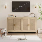 Buffet de rangement de 155 cm, meuble bar à café en rotin, console d'entrée, meuble TV multifonctionnel, meuble de sol pour cuisine