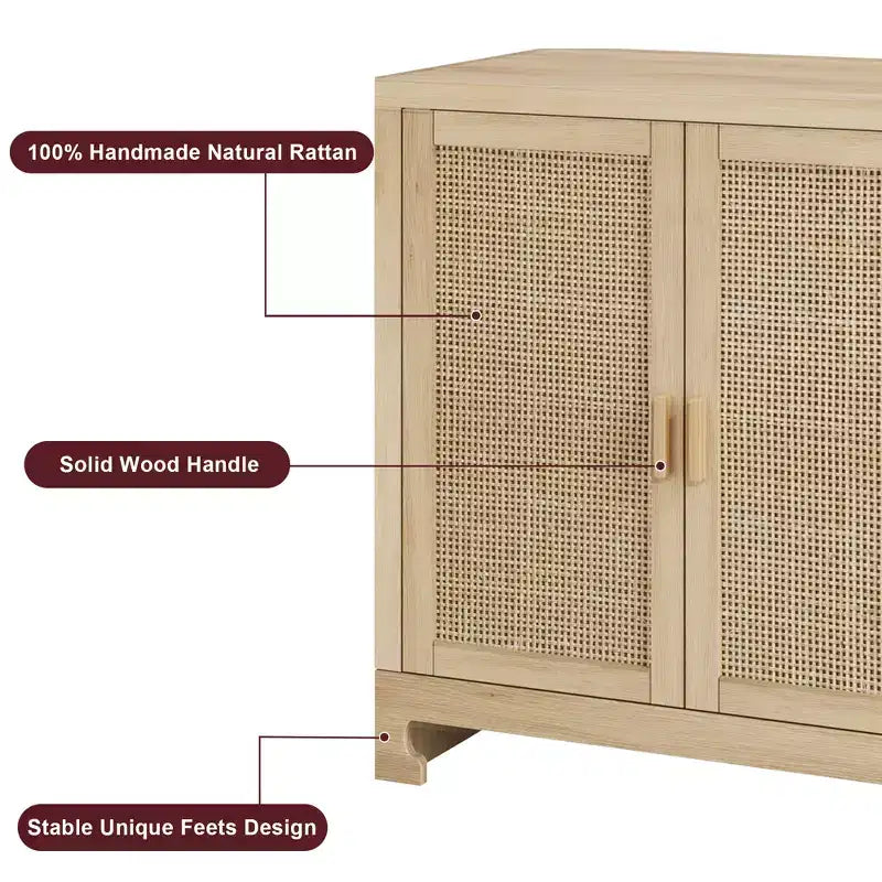 Buffet de rangement de 155 cm, meuble bar à café en rotin, console d'entrée, meuble TV multifonctionnel, meuble de sol pour cuisine