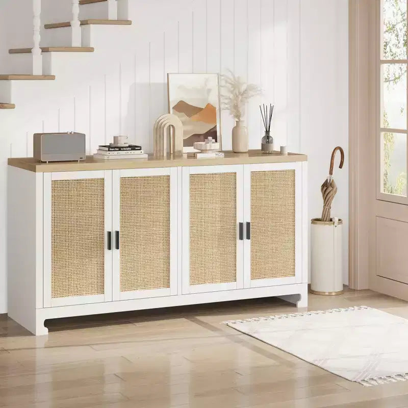 Buffet de rangement de 155 cm, meuble bar à café en rotin, console d'entrée, meuble TV multifonctionnel, meuble de sol pour cuisine