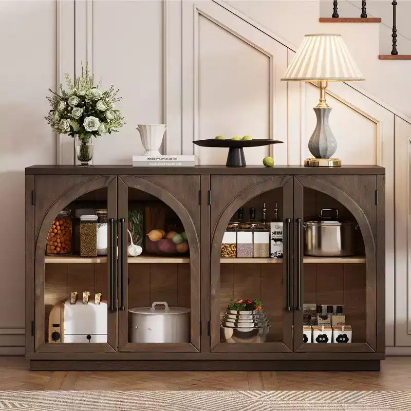 MAYEERTY 4 Doors Storage Sideboard Buffet Cabinet with Glass Doors Adjtstable Shelves for Living Room Kitchen Espresso