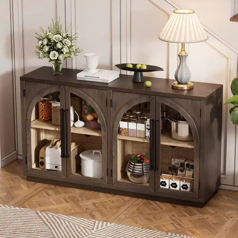 MAYEERTY Madia Credenza a 4 Ante con Ante in Vetro Ripiani Regolabili per Soggiorno Cucina Espresso